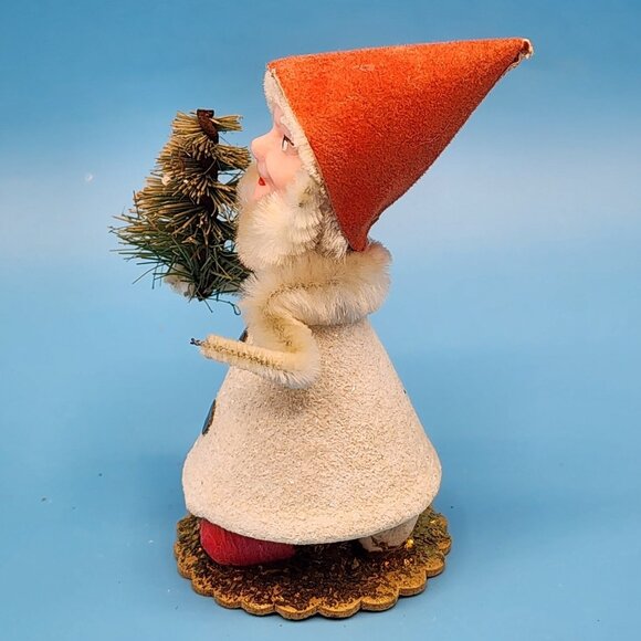 1950s Putz Elf Ornament Bottle Brush Tree Red Flocked Hat Spun Cotton Celluloid - Picture 3 of 8